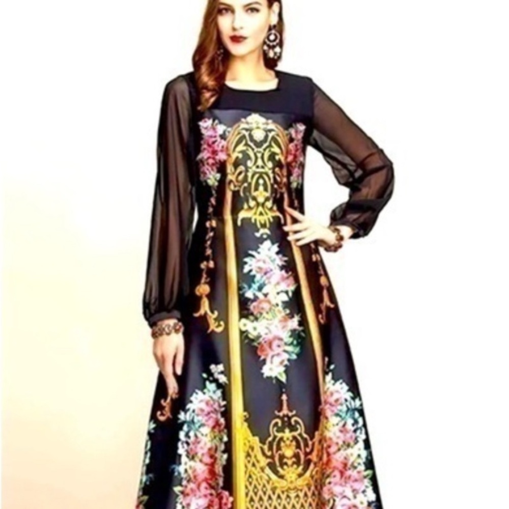 Chic Black and Gold Floral Long Sleeve super cute Dress